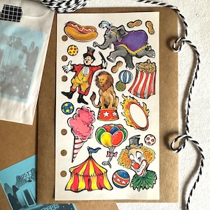 Vintage jaren 90 Stickopotamus Circus stickervel, cadeau voor stickerverzamelaar, ringmeesterclown circustent leeuw olifant suikerspin