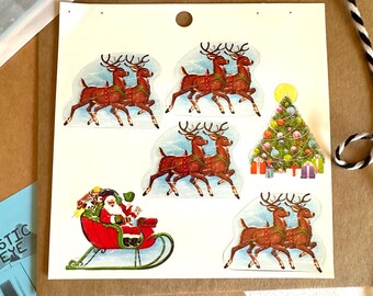 Vintage Eureka Christmas Seals 85833, Santa Sleigh Reindeer Christmas Tree Stickers, Christmas Card Tuck In Stocking Stuffer