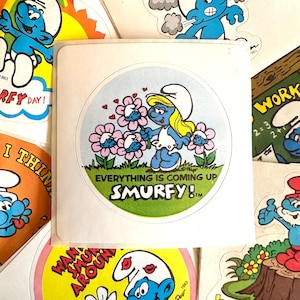 Pegatinas vintage de los Pitufos de los 80, pegatinas de Papá Pitufo y Pitufina. ¡Todo está saliendo bien!