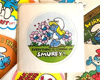 Vintage 80s Smurf Stickers HTF, Papa Smurf Smurfette Cartoon Stickers, Everything Is Coming Up Smurfy