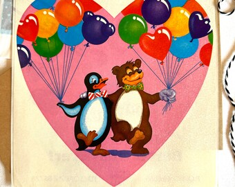 Vintage 80s Lisa Frank Jumbo Pink Heart Sticker, Penguin & Bear Holding Balloons, Jumbo Stickers 1984 RARE HTF Friendship Theme