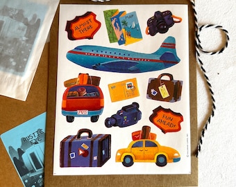 Vintage reizen thema Hallmark Stickers 90's, vakantie plakboekstickers, reisdagboekbenodigdheden