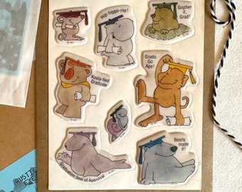 Vintage 80’s 90’s Graduation Animals Puffy Sticker Sheet, Gift For Grad American Greetings AGC Hippo Koala Ape Gopher Bear Seal Of Approval
