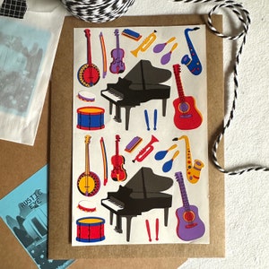 Vintage jaren 90 muziekinstrumenten mods stickers van mevrouw Grossman op maat gesneden, cadeau voor de muziekliefhebber, pianogitaar viool banjo drum