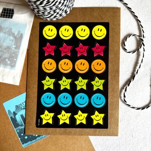 Foglio di adesivi vintage AGC con faccine sorridenti, cerchi e stelle, adesivi per l'agenda degli insegnanti American Greetings, biglietti d'auguri fai da te Happy Mail