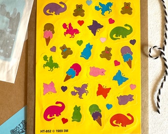 Vintage RARE 80’s Unicorn Pegasus Alicorn Dinosaur Ice Cream Cat Teddy Bear Butterfly 3M Sticker Sheet Yellow Backing, HT-852 1989 3M