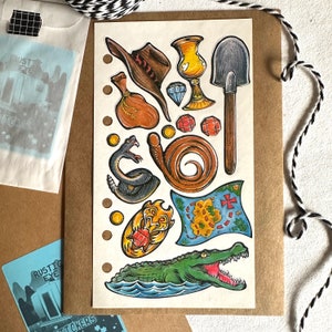 Folha de encadernação de adesivos vintage Stickopotamus Treasure Hunt dos anos 90, presente para colecionadores de adesivos, suprimentos para diário de festa de caça ao tesouro