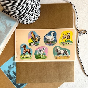 Vintage Dennison Farmyard Friends Gummed Seals No. 80-925, Barn Animals Horse Pony Goat Duck Cow Hen Rooster, Gift For Animal Lover
