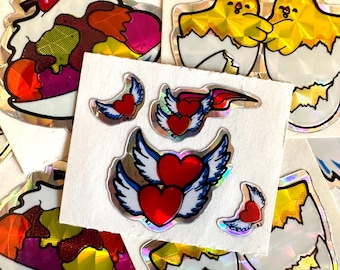 Vintage 80s Decal Specialties Prism Glitter Stickers YOU PICK, Ice Cream Sundae Hearts With Wings Chicks In Eggs, BJ Sticker Collection