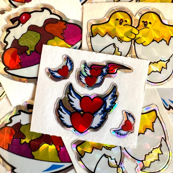 Vintage 80s Decal Specialties Prism Glitter Stickers YOU PICK, Ice Cream Sundae Hearts With Wings Chicks In Eggs, BJ Sticker Collection