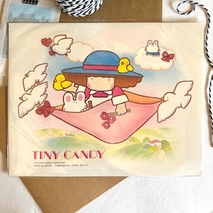 Adesivo vintage Victoria Fancy Gakken Tiny Candy dos anos 80, MUITO RARO, feito no Japão, novo na embalagem, menina e coelhinhos carregados em cobertor por pássaros