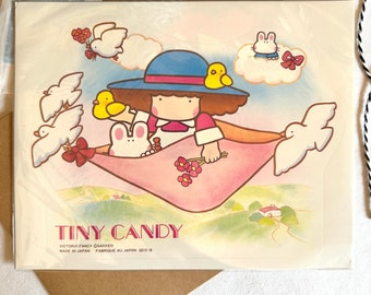 Vintage 80s Victoria Fancy Gakken Tiny Candy Sticker VERY RARE, Made In Japan New In Package, Girl And Bunnies Carried On Blanket By Birds