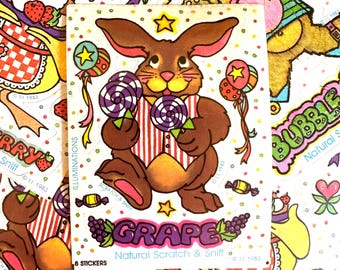 Vintage 1980s Natural Scratch & Sniff Illuminations 1983, Good Scents Stickers, Strawberry Duck Bubble Gum Skating Bear Grape Bunny