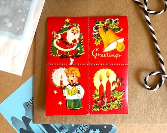 May include: A sheet of vintage Christmas stickers with four different designs. The stickers feature a red background with a Santa Claus, a bell, a choir boy, and two candles. The stickers say "Greetings" on the top.