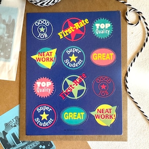 Adesivi vintage 1986 anni '80 con parole di lode per studenti e insegnanti, foglio di adesivi da collezione RARI, buon lavoro, super studente, lavoro pulito, ottimo