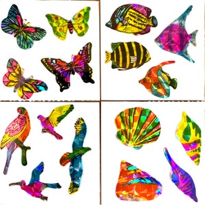 Pegatinas prismáticas vintage, pegatinas brillantes de lámina de mylar, Regal Greetings & Gifts Canada, pegatinas brillantes de mariposas, pájaros, conchas y peces