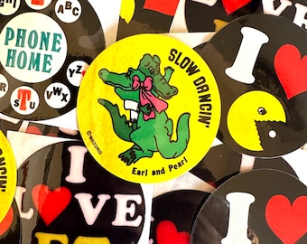 Vintage 80s DRG Collectible Stickers Rare, I Love Pac-Man, Earl and Pearl Alligators Slow Dancin, ET Phone Home 1982
