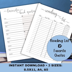 Reading Tracker & Favorite Book Quotes, Black and White Minimalist Design, Reading List Printable, Book Log, Book Rating, Reading Checklist