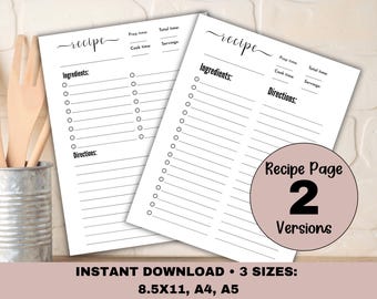 May include: Two printable recipe pages with blank lines for ingredients, directions, prep time, cook time, total time, and servings. The text "Recipe Page 2 Versions" is printed on the bottom right corner of the page.