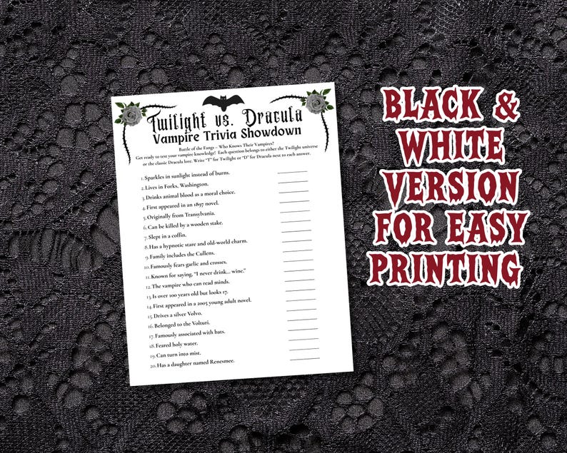 Twilight Vs Dracula, Vampire Trivia Game Printable, Halloween Party ...