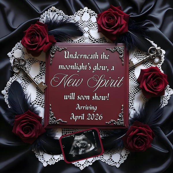Gothic Baby Announcement Template: Dark Roses, Lace (Canva Editable, Digital Download)
