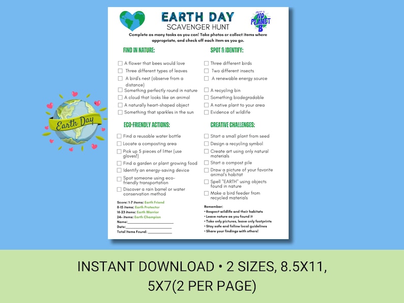 Earth Day Scavenger Hunt, Printable Outdoor Game (PDF Download) - Etsy
