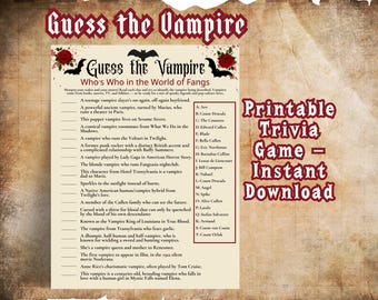Halloween Game, Guess the Vampire, Printable Vampire Trivia, Spooky Quiz Sheet, Gothic Party Activity