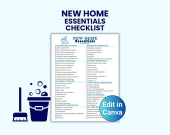 Lista de verificación para un nuevo hogar, lista de elementos esenciales para la mudanza, imprimible minimalista, editable en Canva, elementos esenciales para el primer día, hoja de mudanza