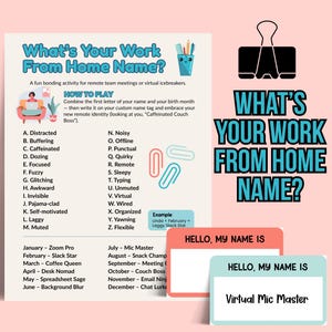 Könnte beinhalten: Ein rosa Hintergrund mit dem Text "What's Your Work From Home Name?" und eine lustige Aktivität für Remote-Team-Meetings. Enthält Namensschilder, Büroklammern und eine Büroklammer. Das Spiel kombiniert den Anfangsbuchstaben Ihres Namens und Ihren Geburtsmonat.