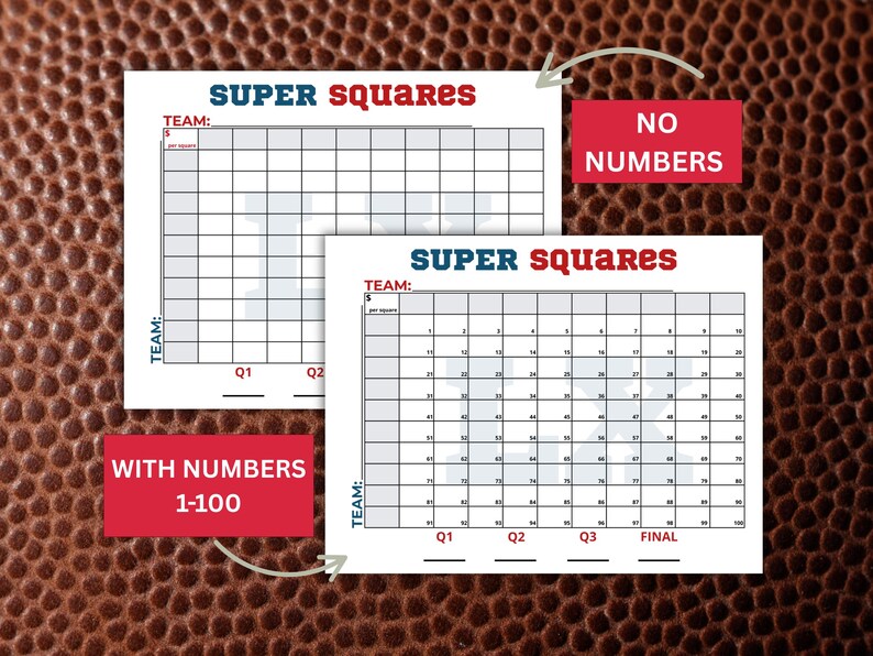 100 Super Football Bowl Squares, Printable Big Game Squares, Football ...