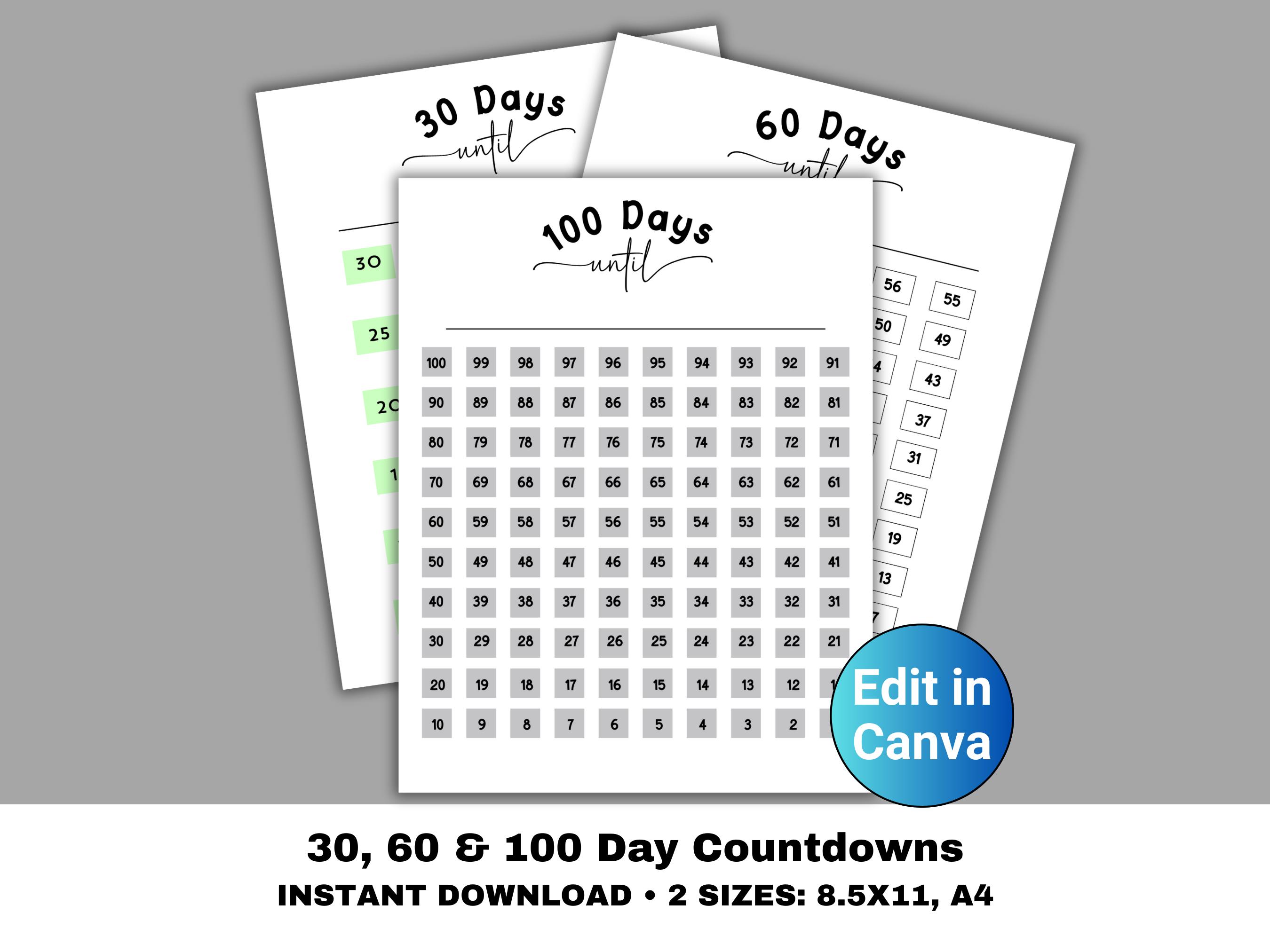 30, 60, 100 Tage druckbarer Countdown-Tracker, Countdown für Urlaub, Hochzeit, Ruhestand, Bearbeiten in Canva, Ereignis-Countdown-Kalender