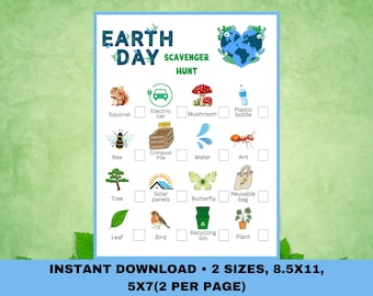 Búsqueda del tesoro del Día de la Tierra para niños, actividad al aire libre, con imágenes y palabras (descarga digital)