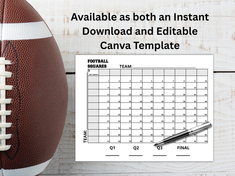 100 Football Squares Editable & Printable, Square Grid, Football ...