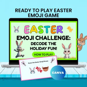 May include: A laptop screen shows an Easter emoji game with the text "Easter Emoji Challenge: Decode the Holiday Fun!" and "How to Play." A card displays emoji clues. The background is light blue with cartoon bunnies and a chick.