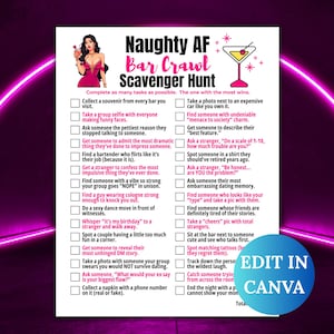 Bar Crawl Scavenger Hunt, Wild Girls Night Out, Naughty Adult Scavenger Hunt, Bachelorette Hen Party Game, Edit in Canva