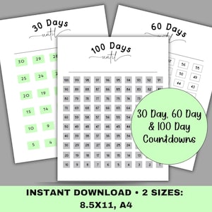 30, 60, 100 Day Countdown Tracker Bundle, Printable Planner Pages, A4 & 8.5x11, Black and White, Gray, Color, Event Countdown Calendar, PDF