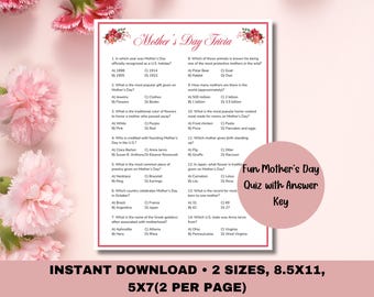 Jeu-questionnaire pour la fête des mères, jeux de société pour le brunch de la fête des mères, jeux pour maman, activité fête des mères, quiz imprimable pour enfants et adultes