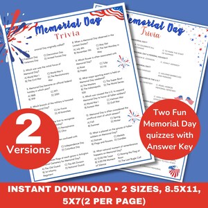 Può includere: Due quiz di trivia sul Memorial Day stampabili con chiavi di risposta. I quiz sono in rosso, bianco e blu con stelle e fuochi d'artificio. Il testo sulla pagina dice "Due quiz divertenti sul Memorial Day con chiavi di risposta".