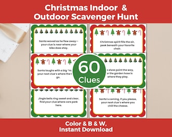 Christmas Scavenger Hunt Printable, Indoor Outdoor Christmas Treasure Hunt, 60 Rhyming Clues for Kids, Family Party Activity, Color and B&W