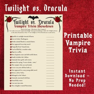 Twilight vs Dracula, Vampire Trivia Game Printable, Halloween Party Activity, Vampire Quiz Sheet, Fun Spooky Classroom Game