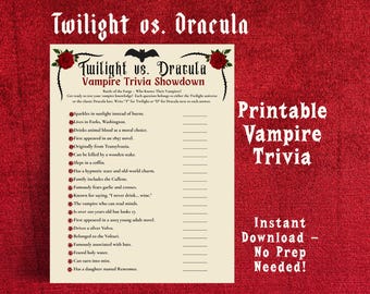 Twilight vs Dracula, Vampire Trivia Game Printable, Halloween Party Activity, Vampire Quiz Sheet, Fun Spooky Classroom Game