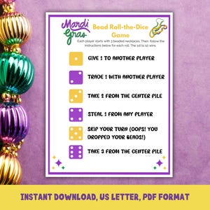 May include: A Mardi Gras-themed game with instructions for rolling dice to trade and steal beads. The game card is white with purple, green, and yellow accents. A strand of colorful beads in gold, green, and purple is on the left.