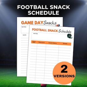 Peut inclure: Deux modèles d'horaires de collations de football. Le haut de la page indique "FOOTBALL SNACK SCHEDULE". Le premier modèle indique "GAME DAY Snacks" et le second "FOOTBALL SNACK Schedule". Les deux modèles ont de la place pour les notes, la date, la date du match, l'adversaire, le nom du parent et la collation.