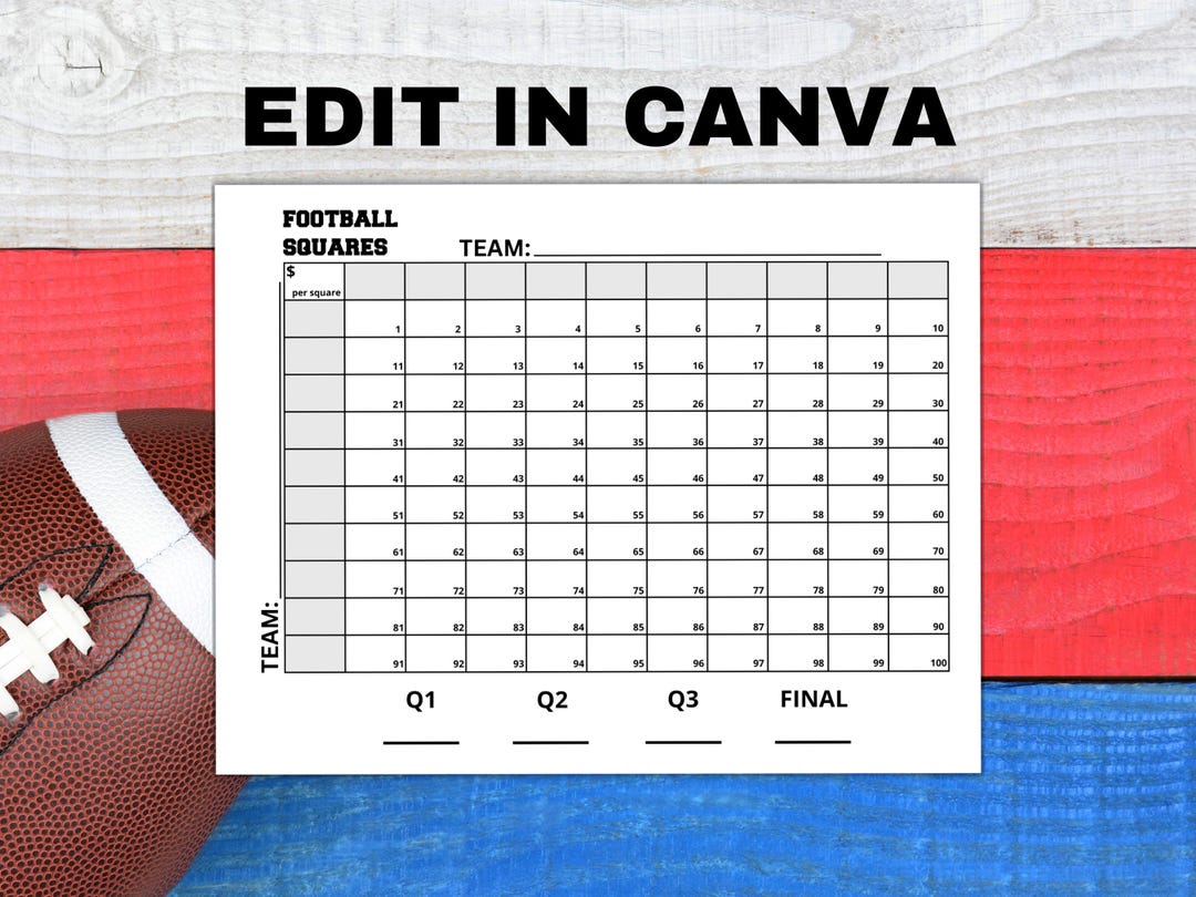 100 Football Squares Editable & Printable, Square Grid, Football ...