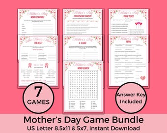 Mothers Day Game Bundle, Printable Mothers Day Activities for Kids and Adults, Mother's Day Brunch Games, Family Game Night, Answer Key