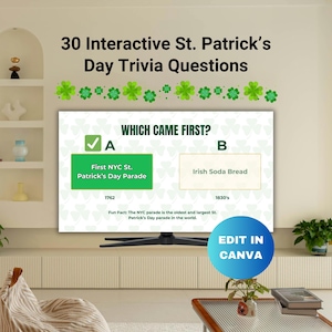 Op de afbeelding: Een televisiescherm toont een St. Patrick's Day trivia-vraag. De vraag is "Wat kwam eerst?" met opties A en B. Optie A is "First NYC St. Patrick's Day Parade" en optie B is "Irish Soda Bread". Het scherm heeft ook de tekst "30 Interactive St. Patrick's Day Trivia Questions".
