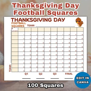 Op de afbeelding: Thanksgiving Day Football Squares spelbord met 100 vakken. Het raster is genummerd en heeft ruimte voor teamnamen en kwartaalscores. Het ontwerp bevat een kalkoenafbeelding en de tekst "Edit in Canva."
