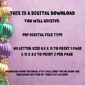 May include: Digital download graphic with text: "THIS IS A DIGITAL DOWNLOAD, YOU WILL RECEIVE: PDF DIGITAL FILE TYPE, US LETTER SIZE 8.5 X 11 TO PRINT 1 PAGE & 11 X 8.5 TO PRINT 2 PER PAGE." Beads in gold, green, and purple.