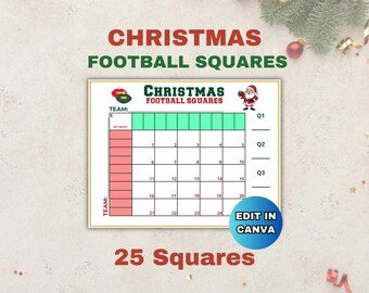 25 Christmas Football Squares, Football Fundraiser, Football Betting, Canva Template, Printable Christmas Activity, Holiday Game Day