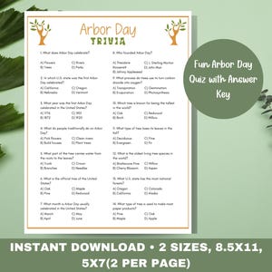 May include: A printable Arbor Day trivia quiz with 14 questions and answers. The quiz is designed to be fun and educational, covering topics such as the history of Arbor Day, the benefits of trees, and the different types of trees. The quiz is perfect for use in classrooms, at home, or at community events.